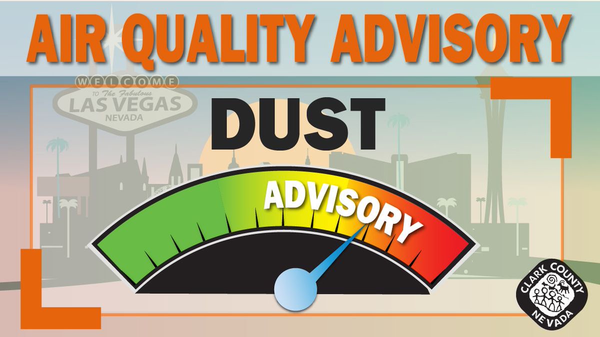 ClarkCountyDES's tweet image. We issued a #VegasAirQuality #DustAdvisory today. Winds speeds of 25 MPH w/ gusts up to 40 MPH are expected this afternoon. What you can do:
💨 Limit outdoor exertion
💨 Keep windows &amp;amp; doors closed
💨 Don’t take shortcuts across vacant lots

For more: buff.ly/3bEK0iM.