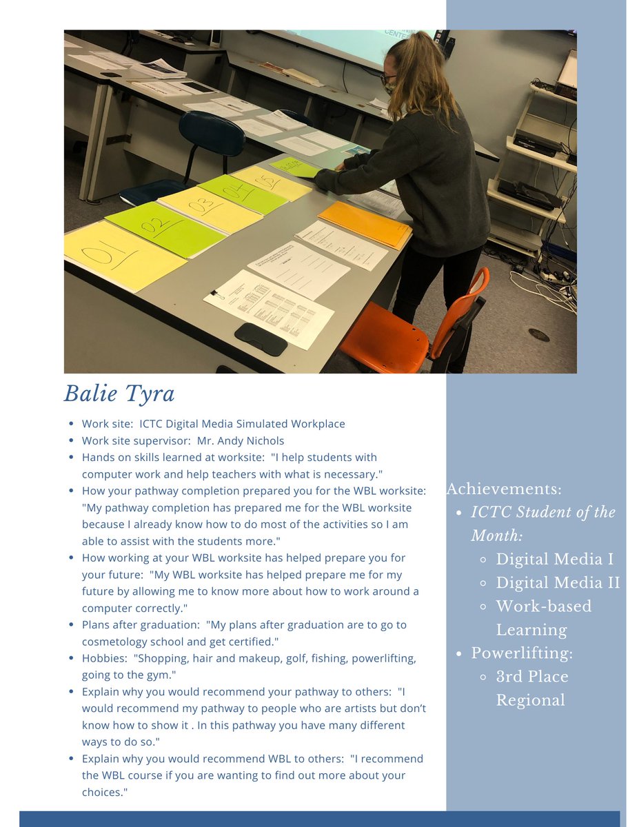 ICTC_WBL's tweet photo. ICTC Work-based Learning Class of 2021 Spotlight - Balie Tyra. After completing Digital Media I and II at the ICTC, Balie enhanced her skills by completing 140+ hands-on hours this year! #hightech #skilled #risingprofessional https://t.co/Y2YZpairnH