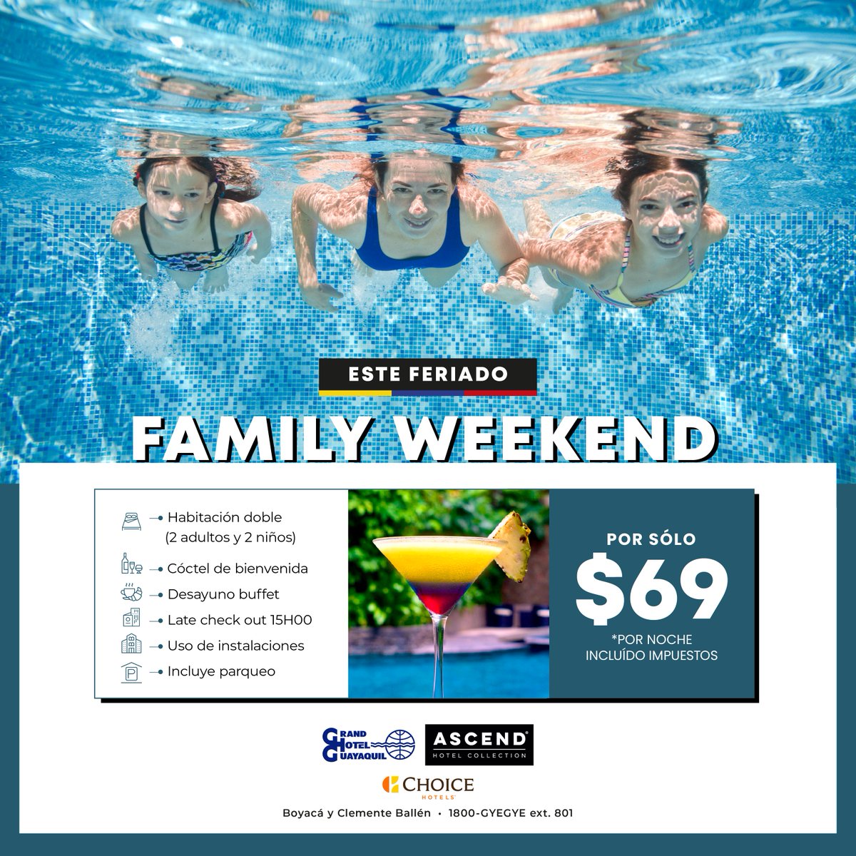 Este feriado disfrute en familia en el mejor ambiente de la ciudad y una espectacular piscina tropical. Aplicamos estrictos protocolos de bioseguridad 
Para reservas: 042329690 - 1800 GYEGYE - 0999090138 - reservas@grandhotelguayaquil.com
#feriadoec #guayaquil #bioseguro