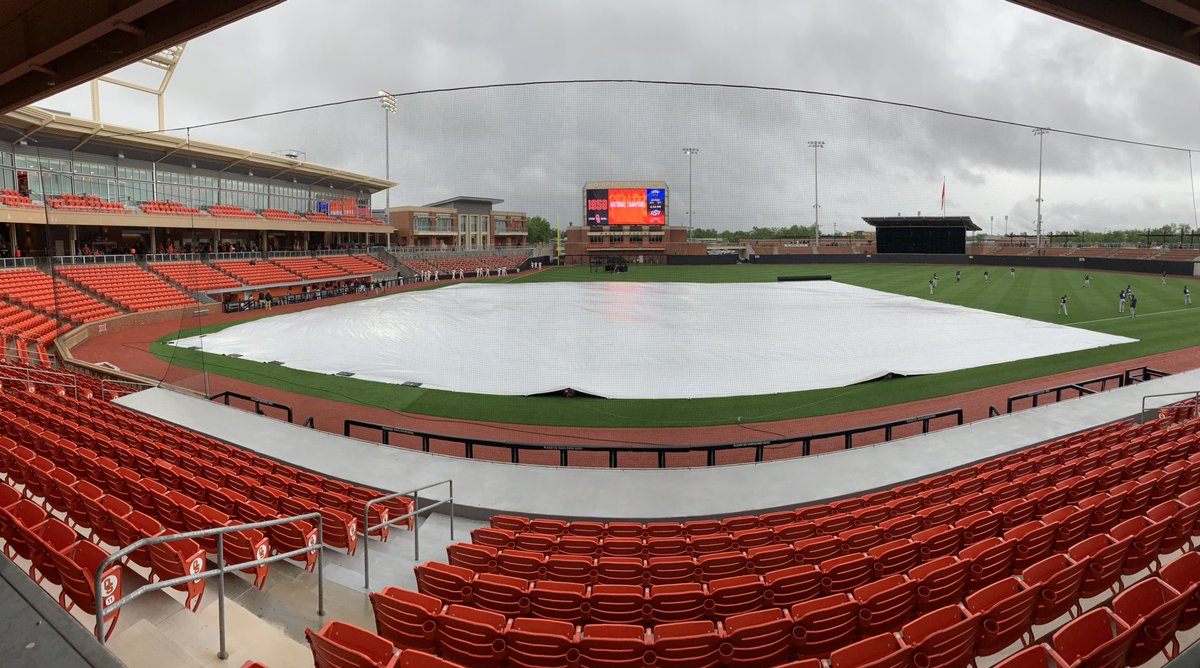 Rain is falling in Stillwater. The tarp is on the field. Yet, tonight’s game is still scheduled to begin at 6:02 here at O’Brate Stadium. Former President George W. Bush is scheduled to throw out the first pitch at 5:55. More details upcoming on <a href="/NEWS9/">News 9</a> at 5.