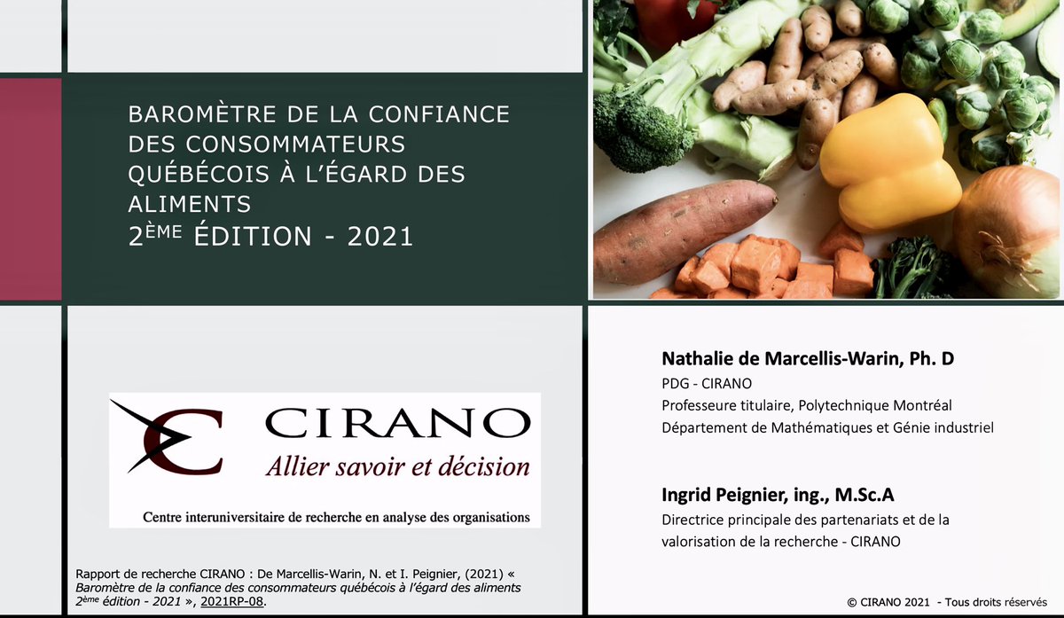 Baromètre de la confiance à l’égard des aliments produit par <a href="/CIRANOMTL/">CIRANO</a> : 1) La confiance des Québécois dans le secteur bioalimentaire en hausse depuis 2019 2) Compétences alimentaires qui s’améliorent. 3) 83 % des QC considèrent le secteur comme un service essentiel <a href="/mapaquebec/">MAPAQ</a>