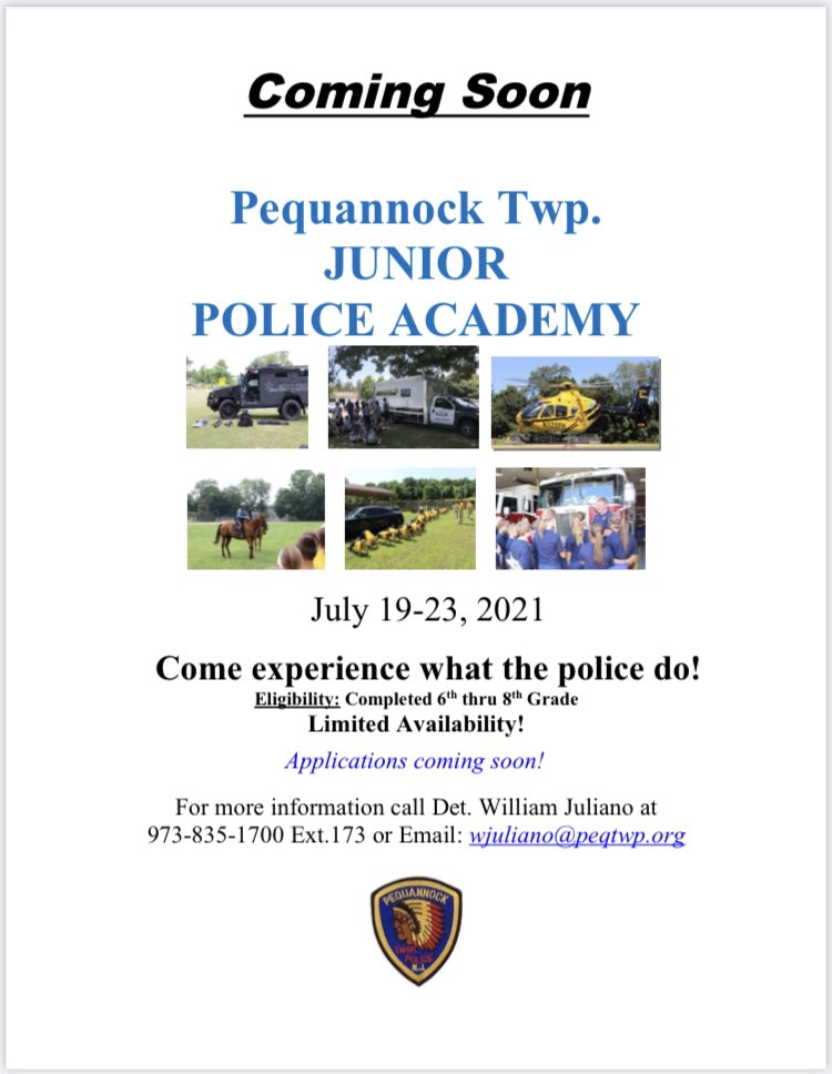 We are planning to offer the ‘21 Junior Police Academy July 19-23 for students who’ve completed 6th, 7th, 8th grade. Stay tuned to Twitter, Facebook and peqtwp.org/204/Junior-pol… for applications coming soon. We are monitoring COVID regs and adjusting as needed