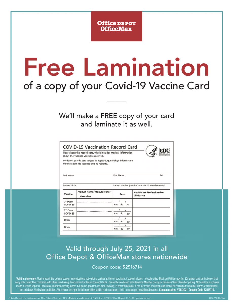 PSA!!! idk why i didn’t know this yet but staples &amp; office depot will laminate your vaccination card and make you a copy for free!!!