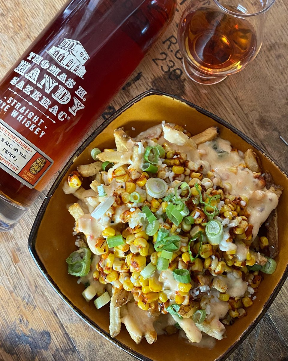 BourbonAndBaker's tweet photo. Special: Voodoo Fries $9– House cut kennebec fries, pepper jack @boulevard_beer Pale Ale cheese sauce, creole roasted corn, cotija cheese, & green onion. #ThomasHHandy #BTAC #SazeracRye #VooDooFries #ThirstyThursday #DowntownMHK https://t.co/JMxICxxvck