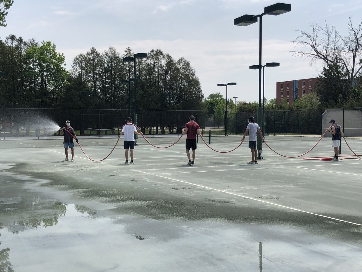 Court maintenance day! The guys are working hard laying, spreading, smoothing, watering and finally rolling the Har Tru Tennis Court Surfacing. Thanks Bill, Aidan, Ethan, Adam &amp; Luke!  Fun fact: It takes 7000 lbs of clay to complete this masterpiece. Har-Tru #stratfordtennisclub