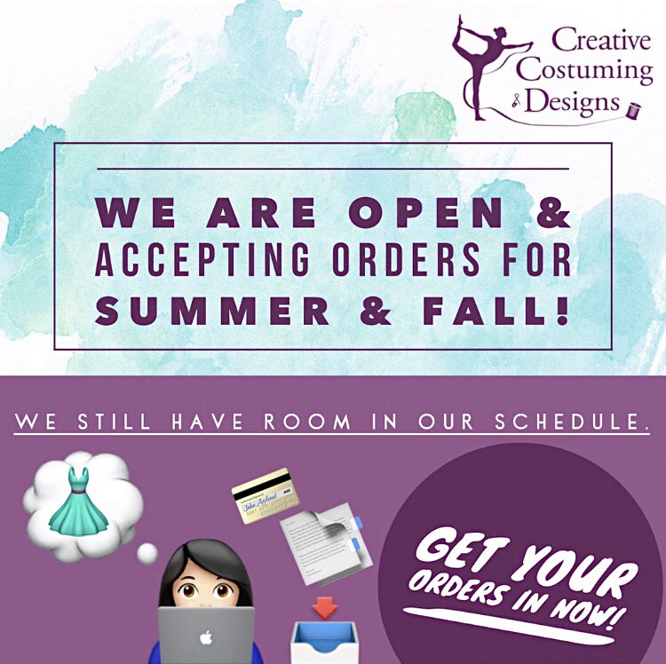 We are OPEN &amp; ACCEPTING orders for summer &amp; fall! We still have room in our schedule... Get your orders in NOW! 
•Visit us at creative-costuming.com👩🏻‍💻🧵✂️
•
•
•
 #wgasc #wgi #colorguard #spin #dance #music #networking #championship  #arena #guard #guardcostume #fieldseason