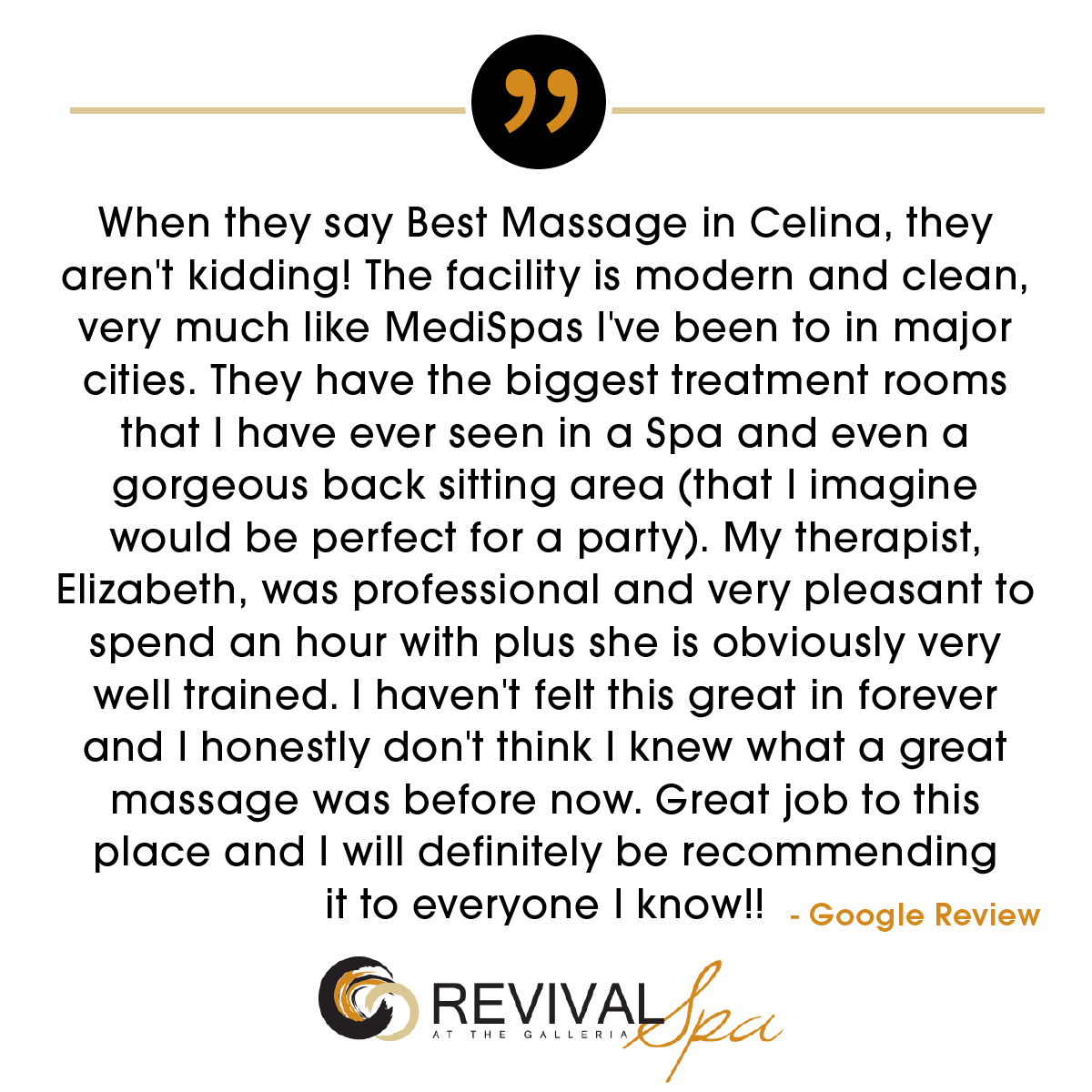 "Best Massage in Celina" but you don't have to just take our word for it!

revivalspa.com