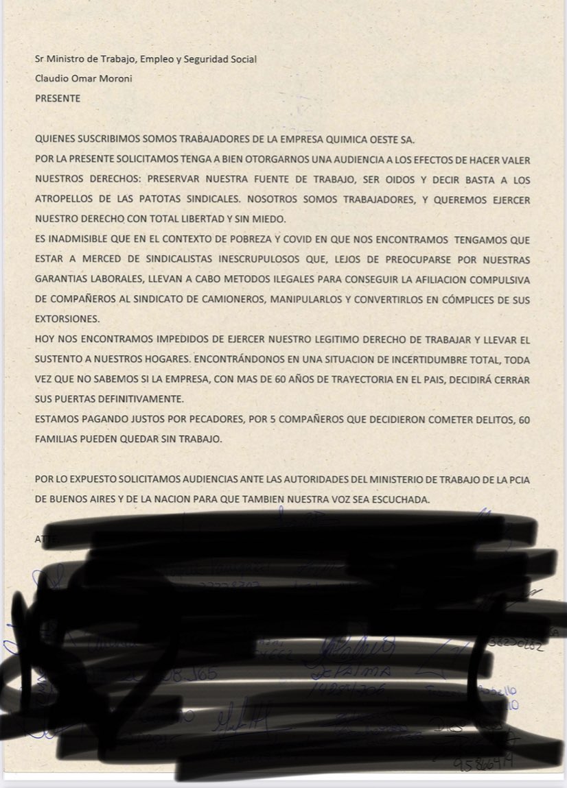 florenciarietto's tweet photo. Los más de 50 trabajadores de la Empresa Química Oeste SA que no pueden trabajar por la extorsi��n del sindicato de camioneros presentaron en el Ministerio de Trabajo de Provincia y en el Ministerio de Trabajo de Nación un pedido de audiencia, están hartos de la patota sindical👇🏽 https://t.co/ulprY3NxxJ