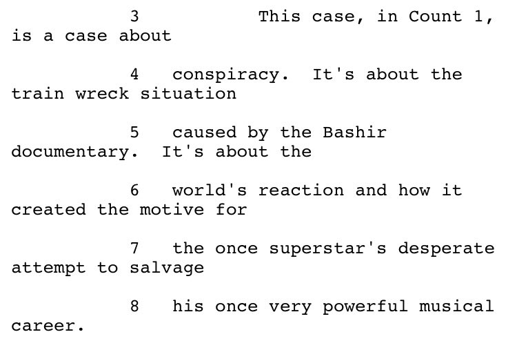 Prosecutor Tom Sneddon began his opening statement in Jackson’s 2005 trial by naming Martin Bashir as having set in motion the chain of events which led to this moment.Jackson’s loved ones are firm in their view that he never recovered from that trial.Here’s the transcript. C