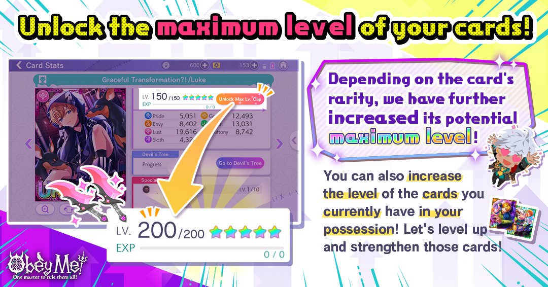 Obey Me Official Depending On The Card S Rarity We Have Further Increased Its Maximum Level After Unlocking The Maximum Level Cap The Maximum Level Of Ur Cards Is Now Lv 0 For Obey Me Official Depending On The Card S Rarity We Have Further Increased Its Maximum Level After Unlocking The Maximum Level Cap The Maximum Level Of Ur Cards Is Now Lv 0 For