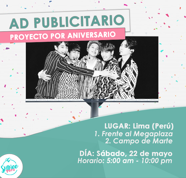 SHINeePERU's tweet photo. ⚡ ¡PROYECTO x ANIVERSARIO!
[ AD Publicitario #SHINee ]

Sábado, 22 de mayo
5:00 AM - 9:00 PM

Lugar (Lima, Perú 🇵🇪)
1. Frente al Megaplaza 
2. Campo de Marte

Si lo ves, sube una foto o vídeo a tu historia etiquetándonos @/shineeperu ❤️

#13YearsWithSHINee
#SHINee13thAnniversary https://t.co/eeOIc5be6G