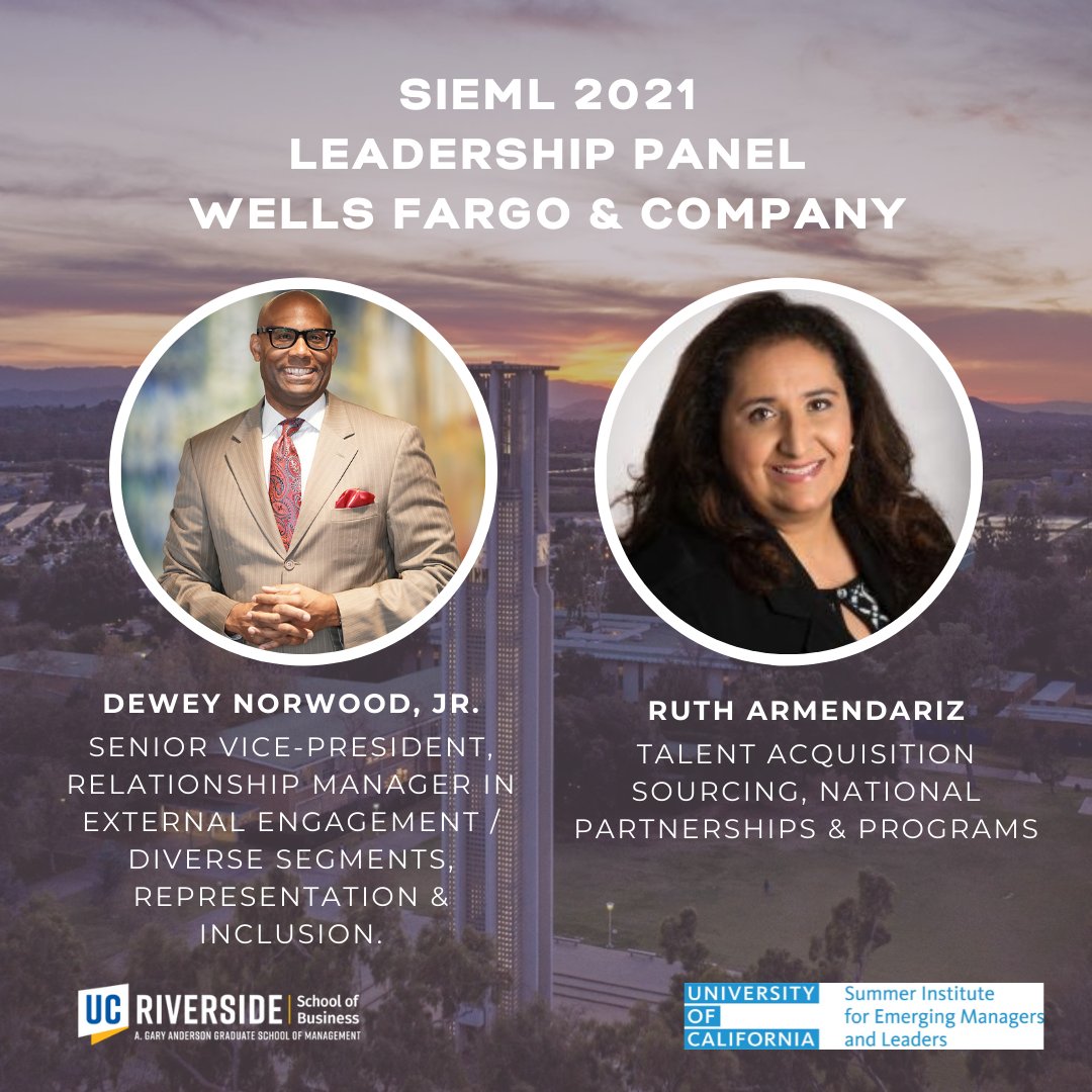 uc_sieml's tweet photo. We are looking forward to tomorrow’s Leadership Panel hosted by Wells Fargo &amp; Company. 💡

You’ll be hearing from Mr. Dewey Norwood Jr. and Ms. Ruth Armendariz, so get those pens ready for notes and questions ready to go. 📝 

#SIEML2021 #UCforMe #UCRiversideMBA https://t.co/Inqrrer1pJ