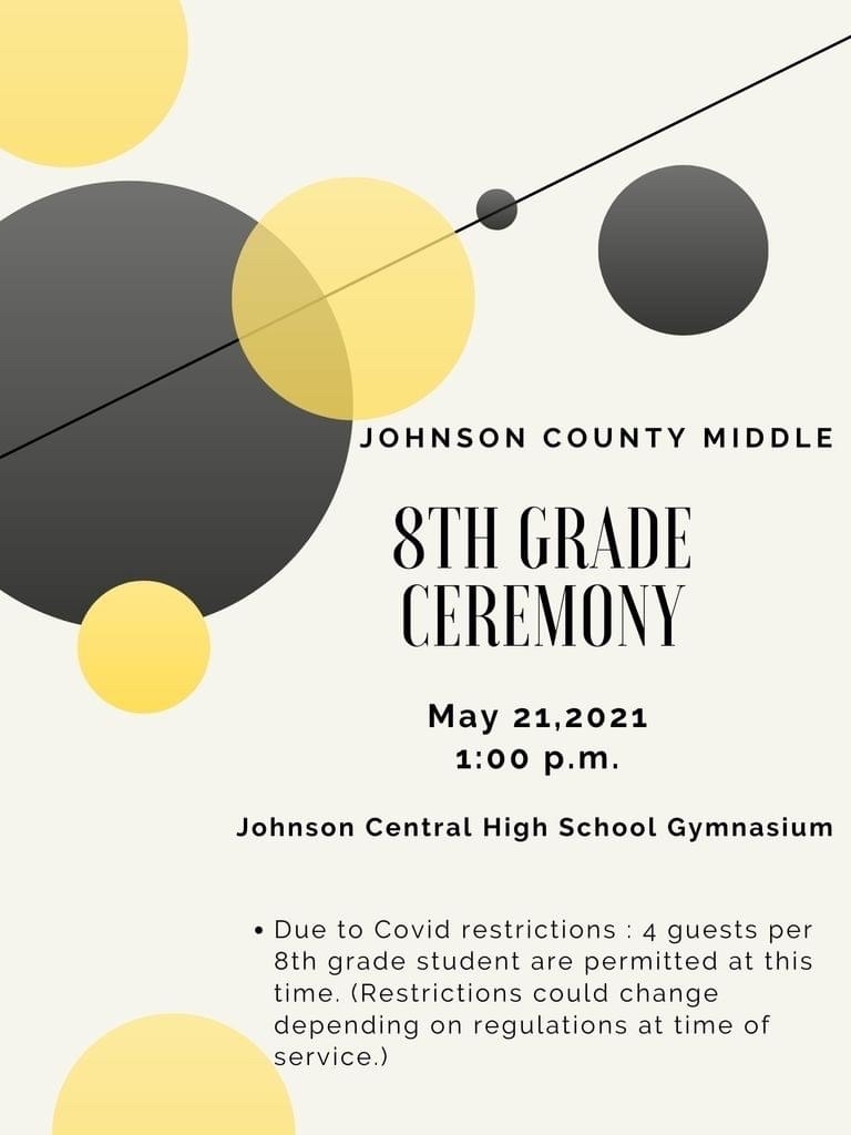 eagles_jcms's tweet image. All 8th grade students participating in the ceremony please be at JCMS in the gymnasium by 12:00 tomorrow...11:00 if you want extra practice. 

The actual ceremony will be at 1:00 in the gymnasium at Johnson Central High School. 

All guests must have a ticket to enter.