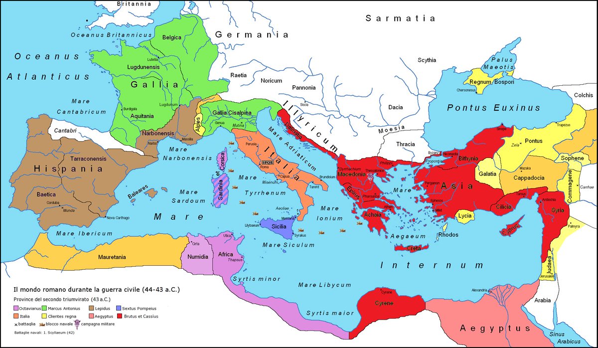 TheRestIsHist's tweet photo. #S2Ep2 Couple of maps to show how the 2nd Triumvirate soon turned into a winner-takes-all showdown between Mark Antony and 'The Other Guy'.
Spoiler alert, Paul thinks the man who brought us Pax Romana was a dud!! https://t.co/AOO9i8aGgx