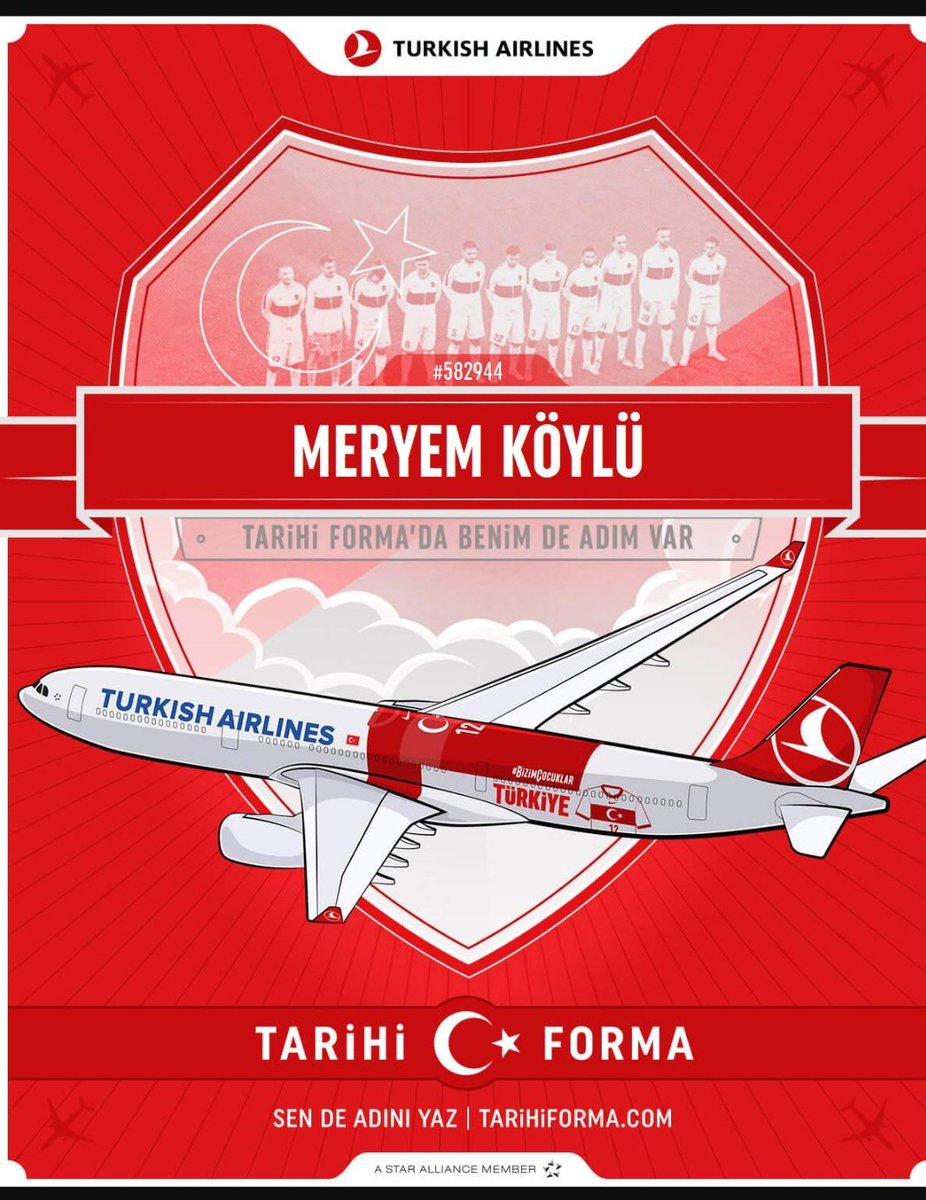 Ay yıldızlı formamız göklerde! ✈️ 🇹🇷 

Milli takım uçağına siz de adınızı yazın:
#TarihiFormaTakım uçağına adımı yazdırarak #TarihiForma’da yerimi aldım. 🇹🇷🇹🇷🇹🇷

Sen de tarihiforma.com’a gir, milyonlarca yüreğin oluşturduğu formada yerini al.