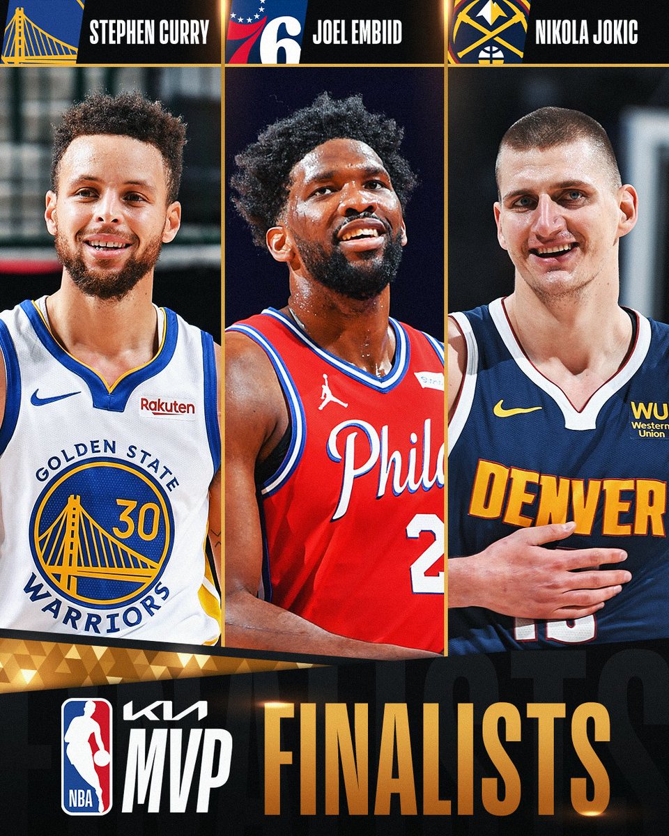 The three finalists for #KiaMVP... <a href="/StephenCurry30/">Stephen Curry</a>, <a href="/JoelEmbiid/">Joel Embiid</a> and Nikola Jokic! #NBAAwards