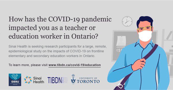 ⭐️⭐️ ONTARIO TEACHERS AND EDUCATION WORKERS ⭐️⭐️

Researchers from <a href="/SinaiHealth/">Sinai Health</a> and <a href="/UofT_dlsph/">U of T Public Health</a> are seeking participants for an online study of the effects of #COVID19 on teachers and education workers in Ontario.

They have 2,000 participants and are looking for 5,000 more.