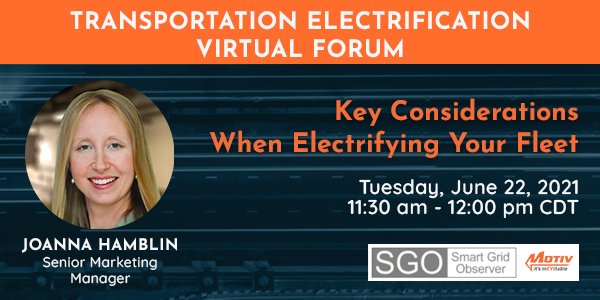 Join us Tues, 6/22 for <a href="/sgo2012/">Smart Grid Observer</a>'s Transportation Electrification Virtual Forum. Joanna Hamblin (<a href="/GoodNatureGirl/">Joanna Hamblin</a>), our Sr. Marketing Manager, will be talking about Key Considerations When Electrifying Your Fleet. Hope to see you there!

smartgridobserver.com/TE-Forum/index…

#EVs #fleets
