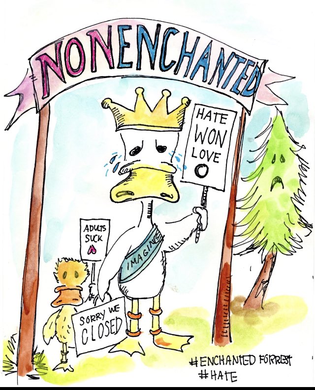 DuckPandemic's tweet image. This story made me so angry about the #EnchantedForrest and how #hate is stopping them from opening @TheStoryKGW #heydan said it best bullies go build your own giant shoe. Seriously this is what we’ve come to threatening elderly in a place that’s meant for children. #hatewon