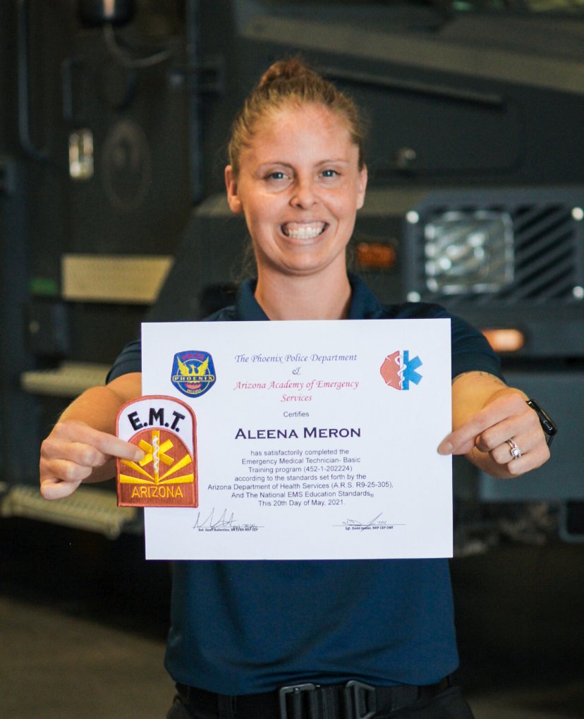 On #NationalEMSWeek, we recognize and congratulate our latest class of graduates! PHXPD now has 71 Emergency Medical Care Technicians (EMTs), including Aleena Meron who graduated at the top of the class 🎉