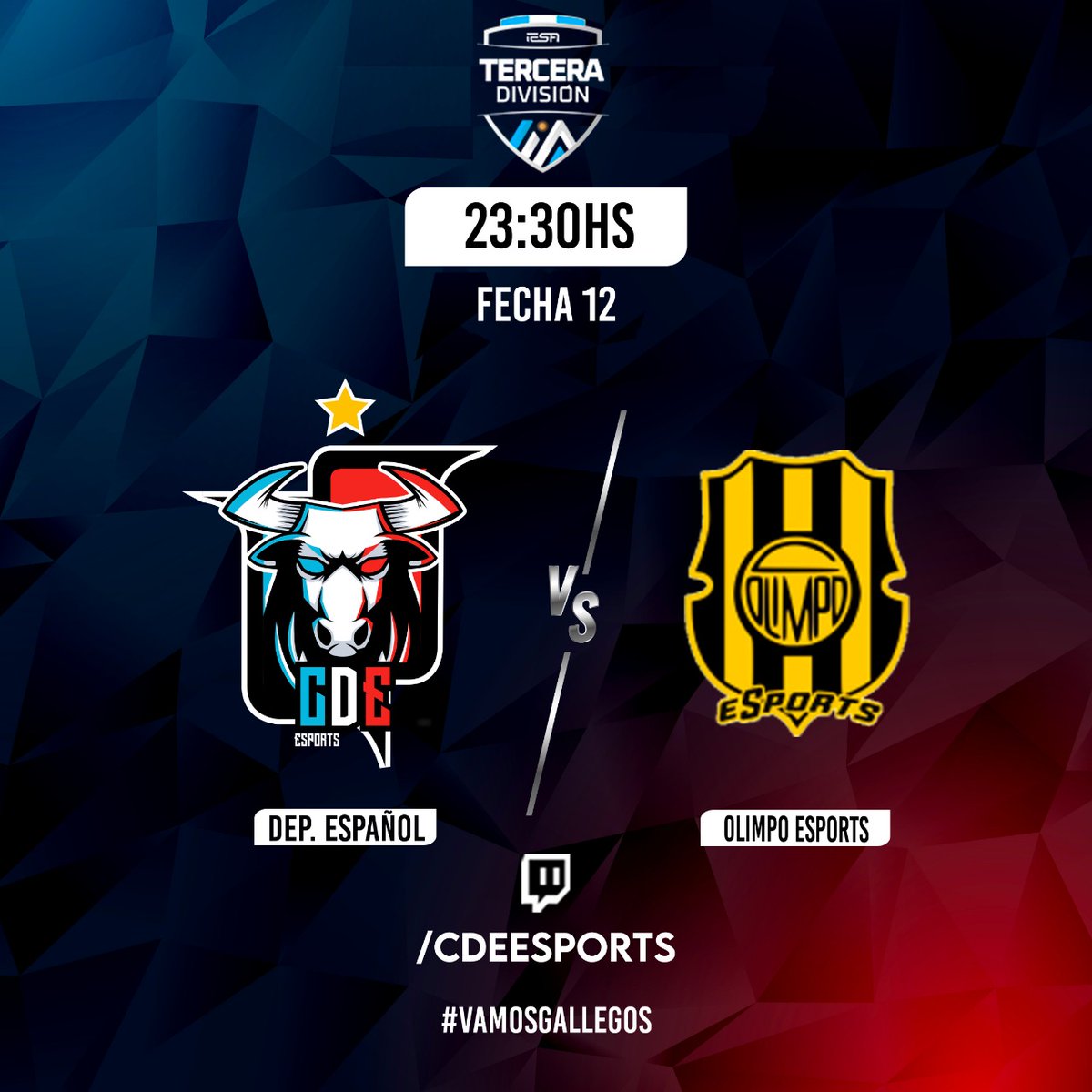 🇪🇸 ¡Vamos Gallego! 🇪🇸

⚽️ Liga <a href="/IESAFIFAar/">IESA Argentina</a>

Fecha 11 vs <a href="/BarrioVagon/">Barrio Vagón</a>
Fecha 12 vs <a href="/ClubOlimpoeSp/">Club Olimpo eSports</a>

23hs. 🖥 twitch.tv/cdeesports

#VamosGallegos 🇪🇸🎮