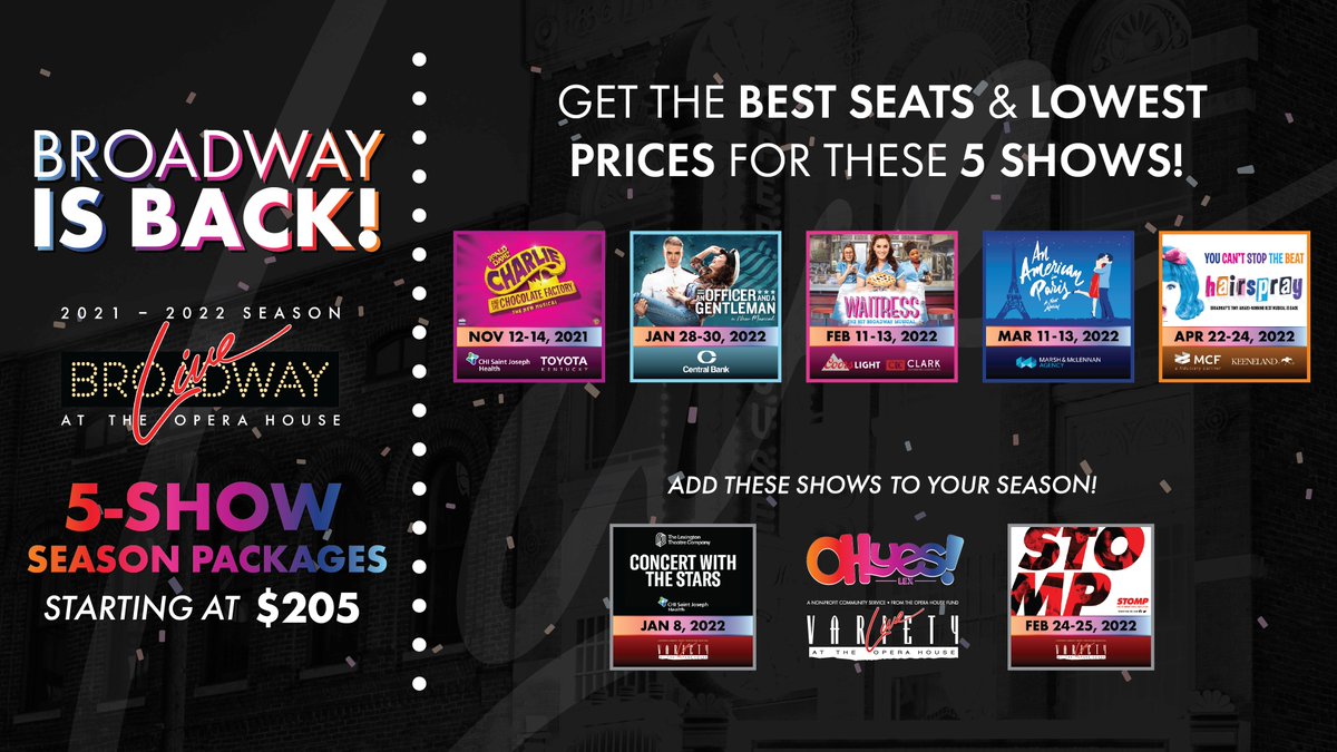 LexOperaHouse's tweet photo. 🥳 OH YES! BROADWAY IS BACK! 🥳
We have announced the 2021-22 Broadway Live season and we cannot wait to welcome you back to @LexOperaHouse! 5-show season packages are now available, starting at just $205. For more information, visit https://t.co/CO8zF4ts5B. https://t.co/eQY1r5F1Jg