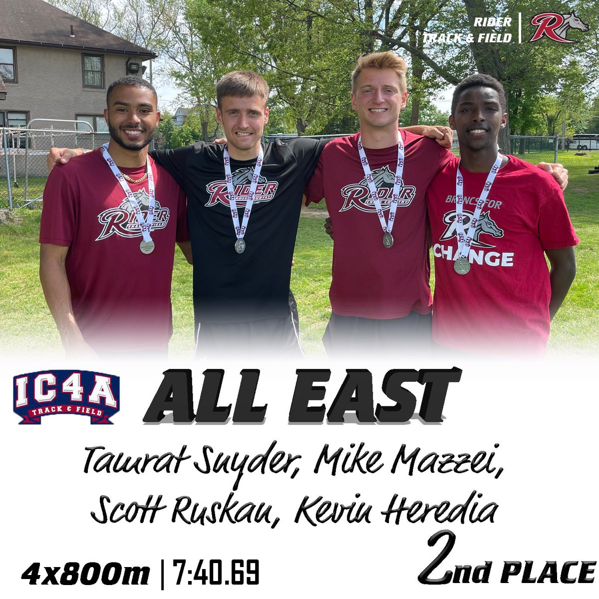 Congratulations to the men’s 4x800m of <a href="/snyder1702/">Tam</a>, <a href="/MazzeiMove/">Michael Mazzei</a>, <a href="/sruskan800/">Scott Ruskan</a> and @herediakevin88 for earning All-East honors with their 2nd place finish at the IC4A Championships!

<a href="/RIDERATHLETICS/">Rider Athletics</a>