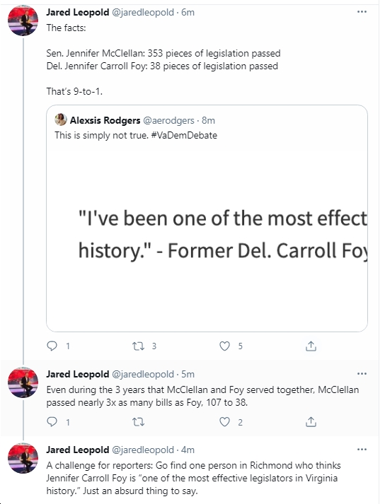 bluevirginia's tweet photo. Also, from @JennMcClellanVA's comms person, @jaredleopold: "A challenge for reporters: Go find one person in Richmond who thinks Jennifer Carroll Foy is 'one of the most effective legislators in Virginia history.' Just an absurd thing to say."  Wow. https://t.co/yTBFmxoz2o https://t.co/7eXBI5AhW4