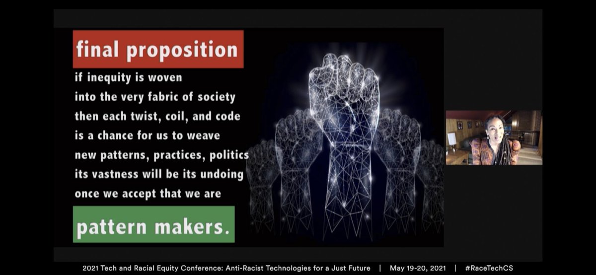 SawakoSono's tweet image. What patterns are being made? If inequity is woven into our society, we have the opportunity &amp;amp; responsibility to undo those patterns &amp;amp; make new ones. Thank u @ruha9 for presenting ways that tech can chart liberatory possibilities, not just perpetuate white supremacy. #RaceTechCS