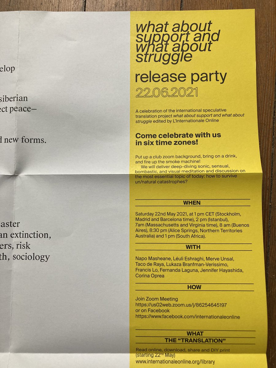 Saturday, May 22 at 1pm CEST or 7am EDT.... 

what about support and what about struggle

a speculative translation project where writers respond to Francis Marie Lo’s A Series of Un/Natural/Disasters

us02web.zoom.us/j/86254645197
in English, with simultaneous translation to Spanish.