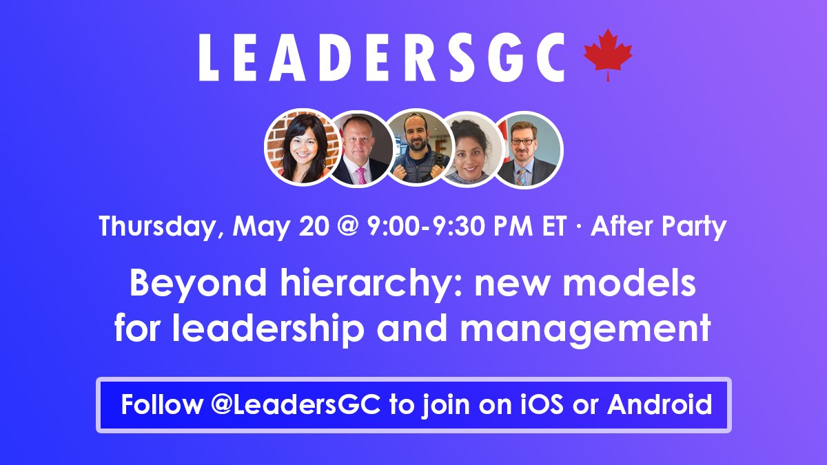 Great chat so far! 
Join us at 9 pm ET for the <a href="/LeadersGC/">LeadersGC</a> After Party with 
<a href="/worldofabe/">Abe</a>, <a href="/Dan__Couture/">Dan Couture</a>, <a href="/RossErmelAC/">Ross Ermel</a>, <a href="/Anna_Wong10/">Anna Wong</a> and <a href="/KDintheGC/">Katerina Daniel (she/her/elle)</a>. #JoinUs, request the mic and join the conversation! 

cc: @TwitterSpaces
 #Leadership #LeadersGC