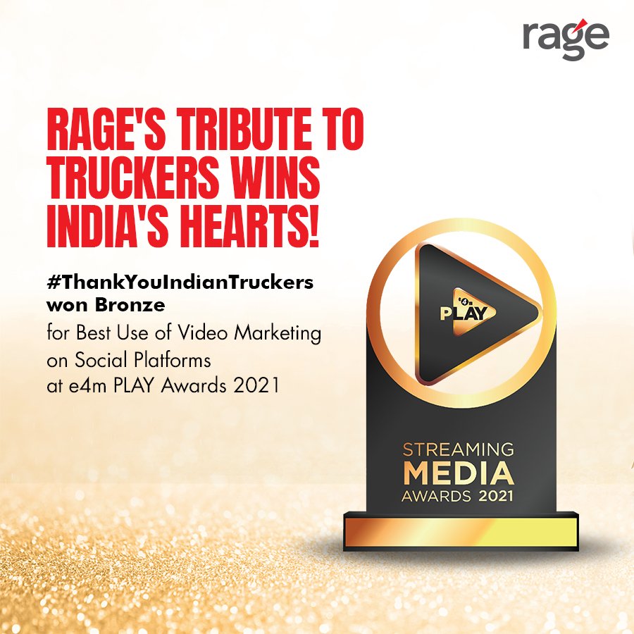 RageComm's tweet image. Our viral video #ThankYouIndianTruckers with 17 million+ views, has been felicitated as an example of Best Use of Video Marketing on Social Platforms at e4m PLAY Awards 2021.

 #awards #winner #design  #DigitalAgency #winning #GeneralInsurance #RageCommunications  #business