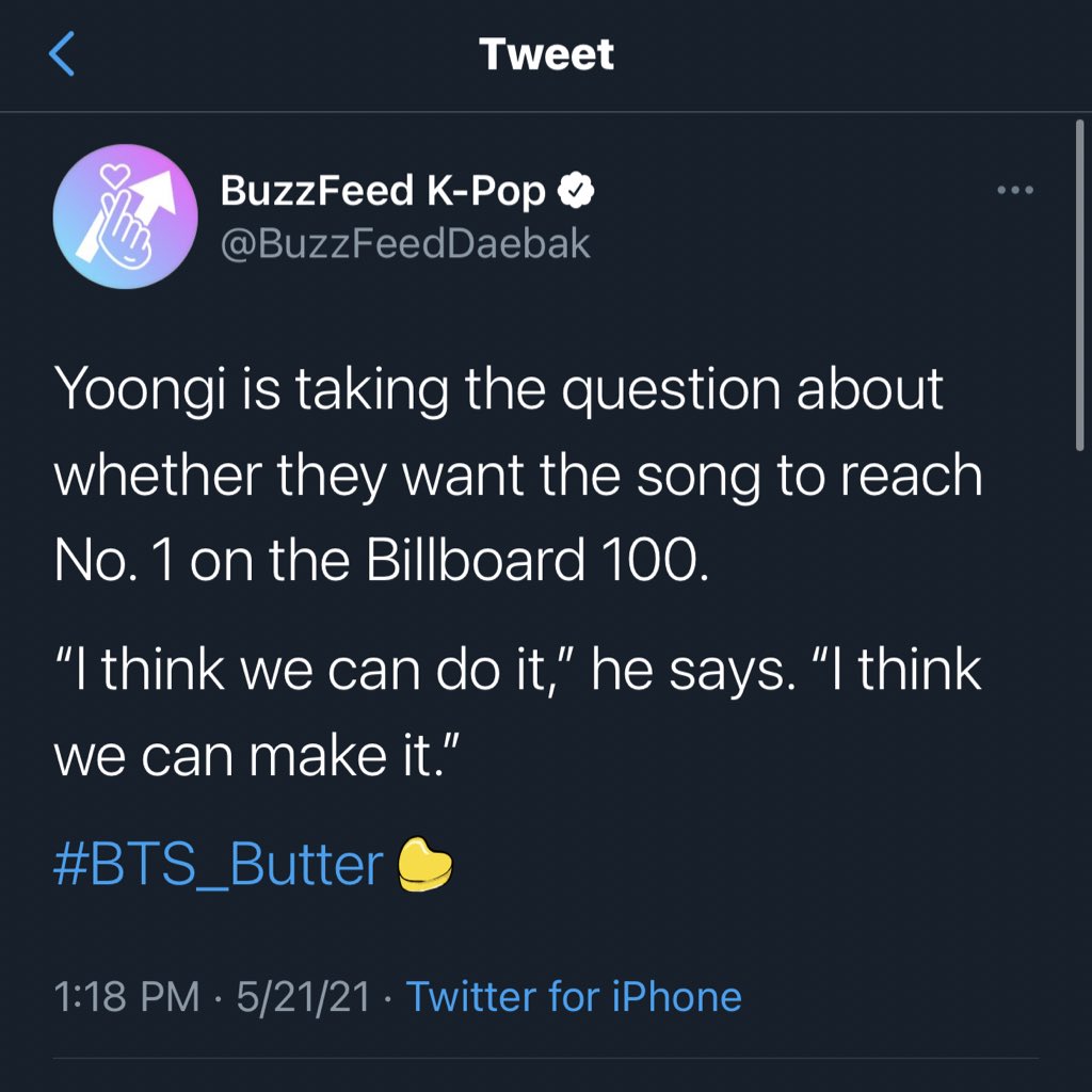 jjkfied's tweet photo. “I THINK WE CAN DO IT, I THINK WE CAN MAKE IT.” — MIN YOONGI

#1 billboard hot100 here we come! what yoongi wants, yoongi gets! @BTS_twt 

#GetItLetItRoll #SmoothLikeBTS #ButterToday  #방탄소년단 https://t.co/Fhd7EH0Xn3