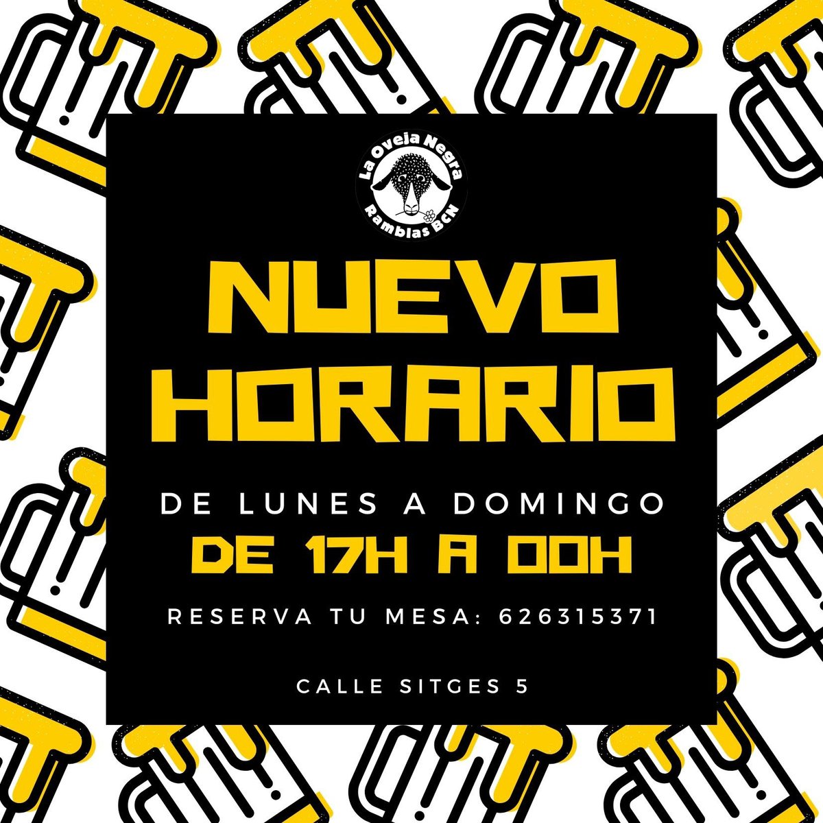 blacksheepbcn's tweet photo. Todavía no te has enterado? ¡Cerramos a las 00h!💥
Haz tu reserva y brindemos por el reencuentro. 🍻
Reservas 📲 626 315 371 https://t.co/X5BLnES9M5