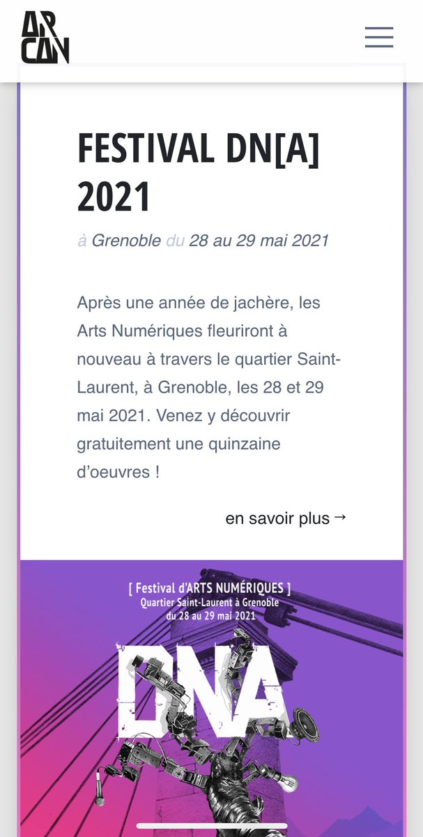 Festival d’ArtS Numériques DNA by <a href="/Digital_NArt/">ARCAN - Festival DN[A]</a> (Arcan) le 28 &amp; 29 mai 2021 autour du quartier Saint-Laurent! L’occasion de voyager dans les méandres de la création numérique le temps d’une visite!
Plus d’info. :arcan.io
#dna #arcan #artsnumeriques #artcontemporain