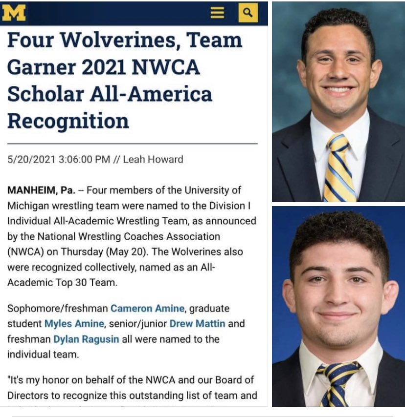 Producing scholar athletes @umichwrestling @CameronAmine @Myles_Amine  @Dylanragusin2 @drewmattin4 Congratulations M men 
You make the university snd your community proud … 👏👏👏👏 
#ScholarAthletes