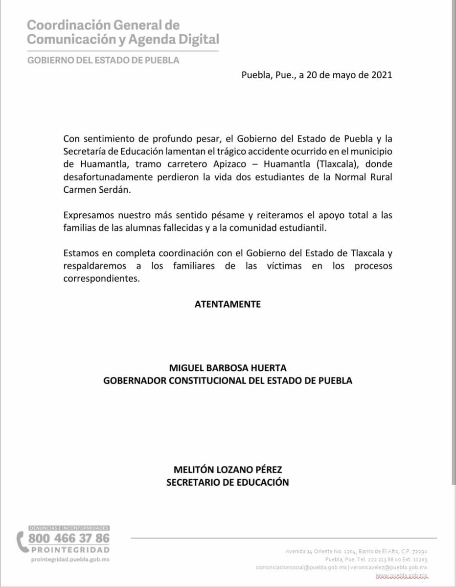 MN_PUEBLA's tweet photo. #AlMomento #MegateInforma
@Gob_Puebla lamenta el fallecimiento de dos estudiantes de la normal rural Carmen Serdán de Teteles, luego de que las normalistas realizaban una protesta en la autopista Apizaco-Huamantla. https://t.co/Bktv6ew1iE