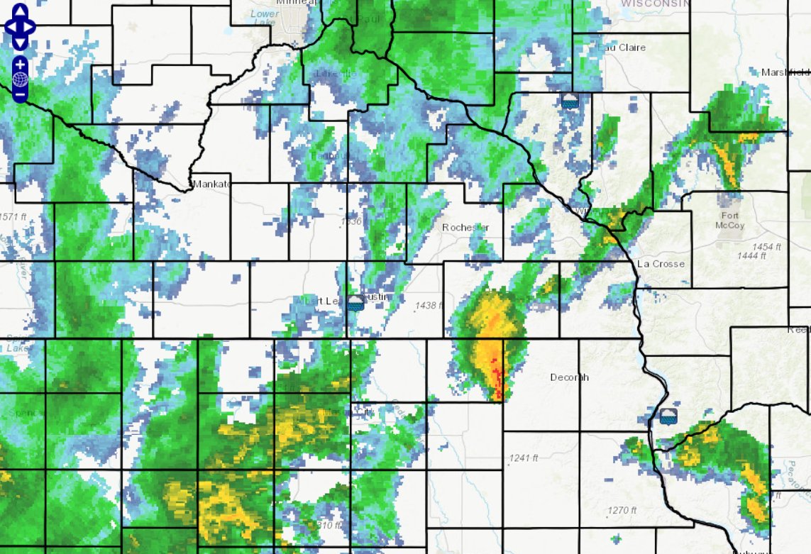 At 859 PM CDT, radar indicated strong thunderstorms were located along a line extending from near Harmony to near Protivin.

Movement was northeast at 30 mph.

Winds in excess of 40 mph and pea size hail are possible with these storms.

#MNwx #Minnesota https://t.co/Z0xRYvYo1q
