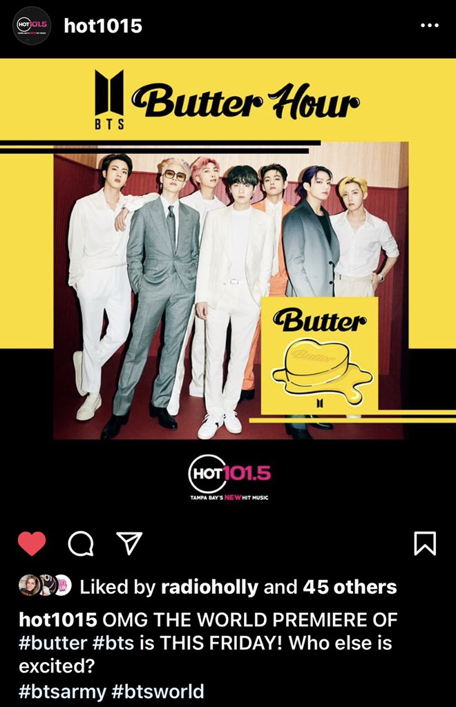 BTSxFlorida's tweet photo. You ready for the #ButterHour on Tampa’s @Hot1015?
Go drop a comment and a 💜 over on their InstaStory post letting them know!
🔗: https://t.co/MGLqKqHQkm https://t.co/e9F9myTVuI