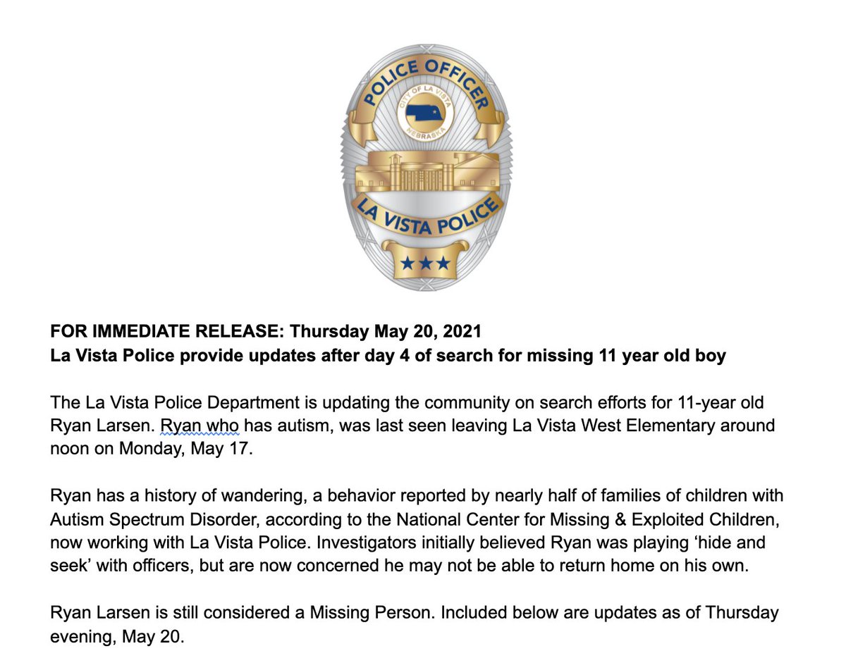 lavistapolice's tweet image. UPDATE on search efforts for 11-year old Ryan Larsen. Thank you to the 200+ law enforcement officers helping to find this missing boy. SEARCH EFFORTS CONTINUE to find Ryan.