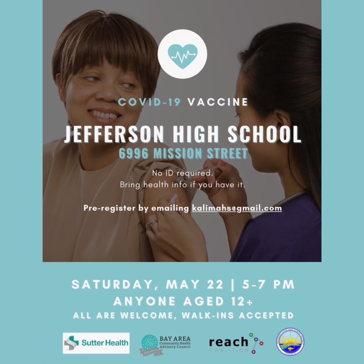 COVID-19 vaccines this Saturday 5/22 at Jefferson High School 5-7 pm. All are welcome, walk ups, too. Age 12+. No ID required.