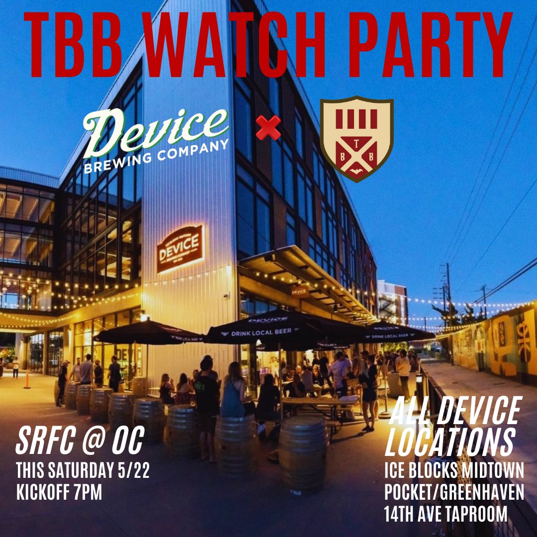 TowerBridgeBattalion (@sac_battalion) on Twitter photo Our first TBB Watch Party of the season is THIS Saturday 5/22! Kickoff is at 7pm with our <a href="/SacRepublicFC/">Sacramento Republic FC</a> boys taking on OCSC. Our official partner <a href="/DeviceBrewing/">Device Brewing Co</a> will have the match on at all three of their locations. #HellaSacramento Our first TBB Watch Party of the season is THIS Saturday 5/22! Kickoff is at 7pm with our <a href="/SacRepublicFC/">Sacramento Republic FC</a> boys taking on OCSC. Our official partner <a href="/DeviceBrewing/">Device Brewing Co</a> will have the match on at all three of their locations. #HellaSacramento
