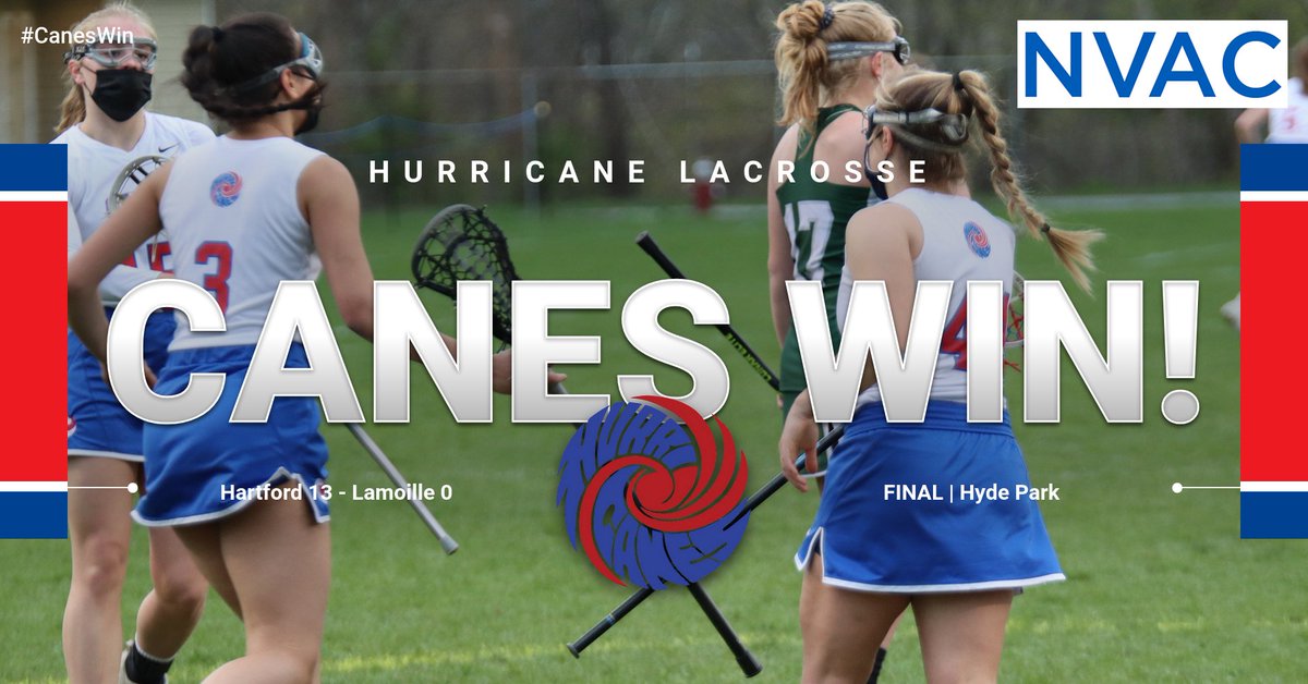 hcaneswirl's tweet photo. #CanesWin!!!!!!!!!!!! Hartford rolls to their 12th consecutive victory 13-0 over Lamoille this afternoon in Hyde Park.  Pfeiffer (5G, 1A) led the attack, Elsie Davis and Grace Gardner with a goal apiece.  Bailey Cameron with the shutout. #HurricaneLax https://t.co/hivzNWUOYM