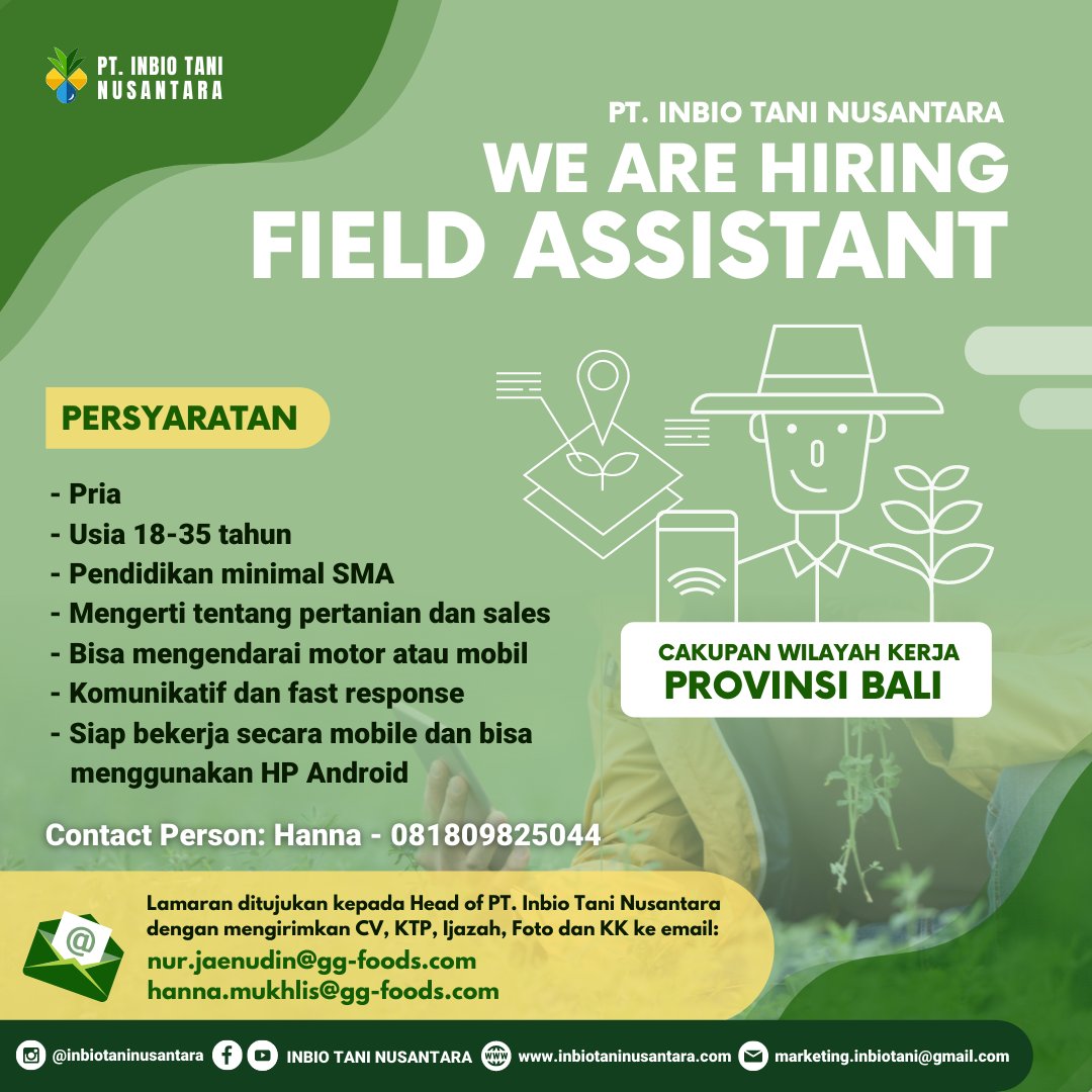 worksfess's tweet photo. work! 
 #.loker Field Assistant (BALI Area) di Inbio Tani Nusantara (business unit nya GGP/Great Giant Foods/Sunpride/Bonanza)Info lebih lanjut bisa tanya Mintan-nya @tanamfess atau @Official_ITN ya 😘 https://t.co/aYHH99RJYn