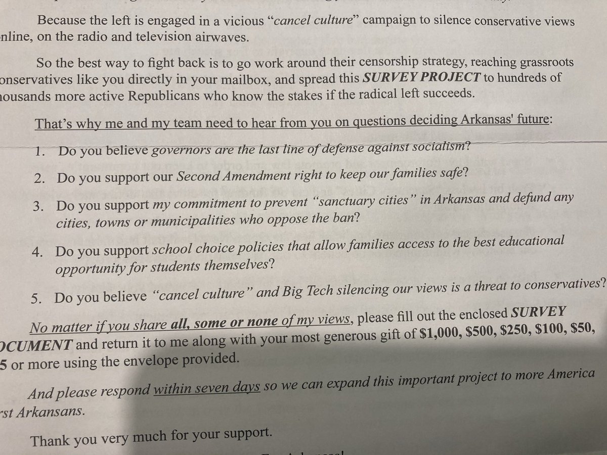 The other day I received a solicitation in the mail from Arkansas’ likely future Governor - I’m curious to see if anyone can help me answer her questions?