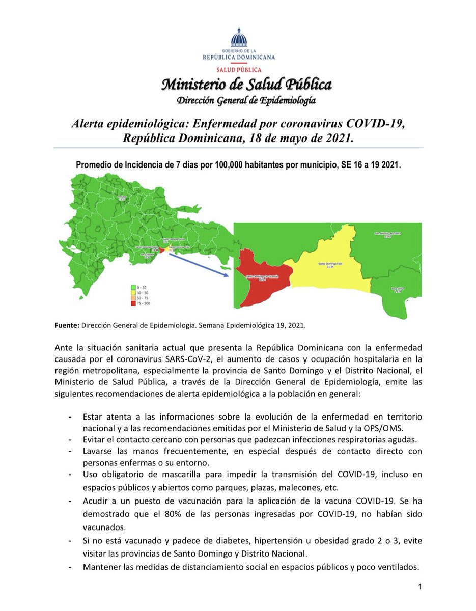 SaludPublicaRD's tweet photo. ⚠️➡️ Ante la situación sanitaria actual que presenta el país con la enfermedad causada por el SARS-CoV-2, el aumento de casos y ocupación hospitalaria en la región metropolitana, especialmente en el GSD, la DIGEPI, emite las siguientes recomendaciones a toda la población. https://t.co/gADtIu9Xag