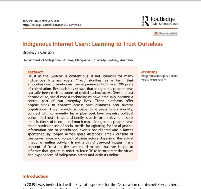 Sneak peek into our forthcoming SPECIAL ISSUE  '#Gender, #Technology and #Trust' from guest eds <a href="/jesshardley/">Dr Jess Hardley</a> @CaitlinAithne and <a href="/ingzing/">ingrid richardson</a>

You can find this article by @BronwynCarlson
online NOW. 

bit.ly/343Jh6w
<a href="/Macquarie_Uni/">Macquarie University</a> <a href="/IndigStudiesMQ/">Critical Indigenous Studies MQ</a>
 #Indigenous #SocialMedia