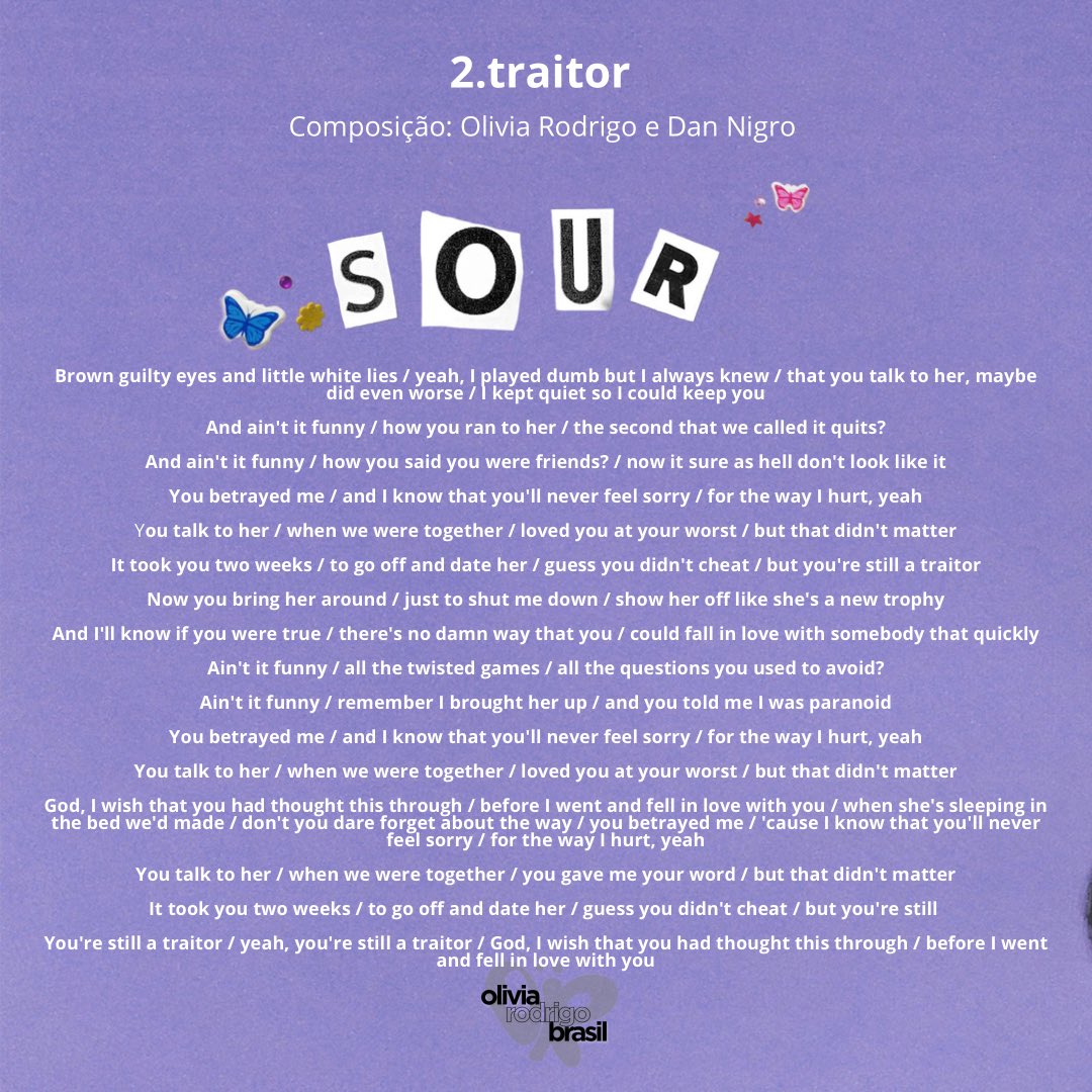 Olivia Rodrigo Brasil  Fã-site on X: Confira a tradução em português da  faixa 'traitor' do album de estreia de Olivia Rodrigo, SOUR. #SOURoutnow   / X
