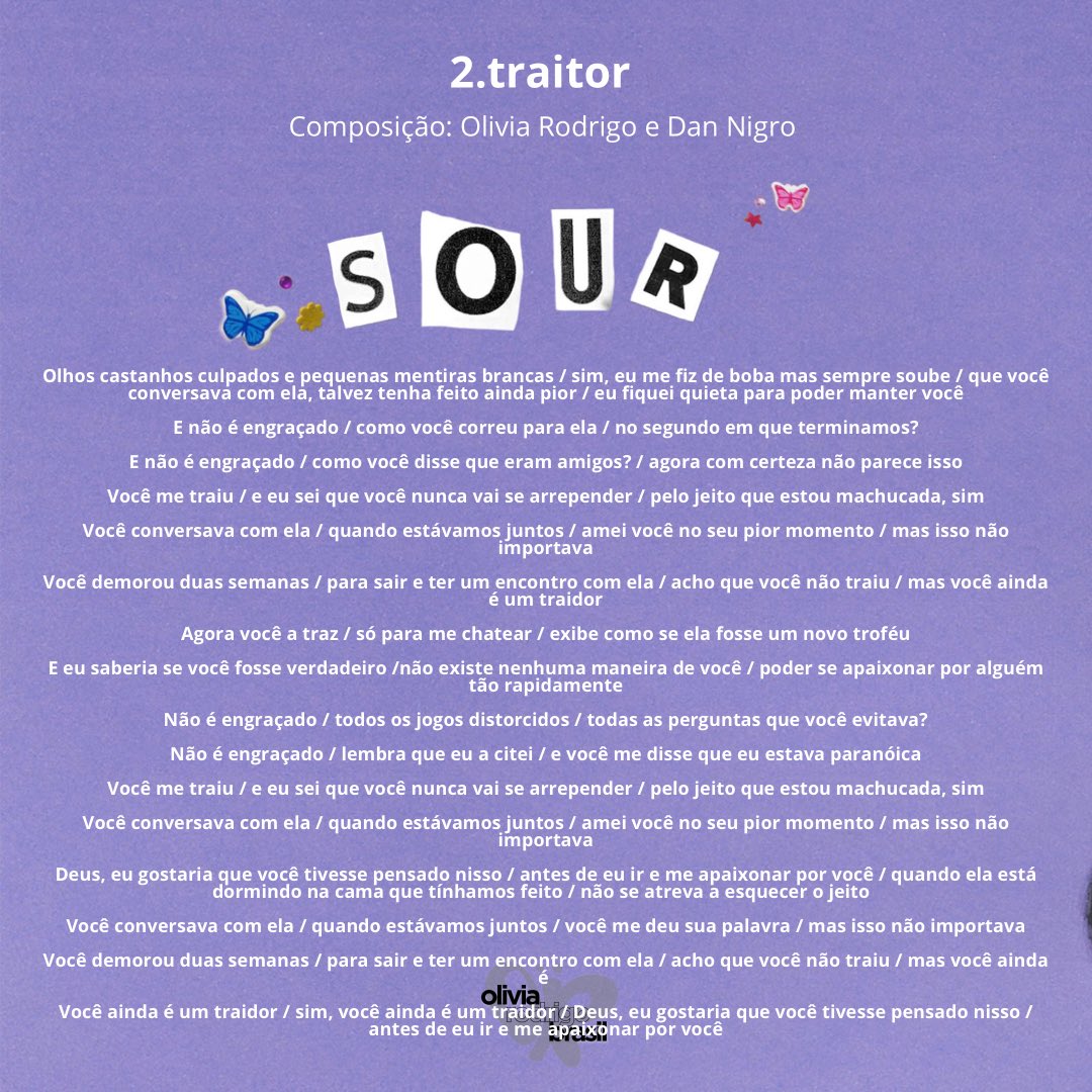 Olivia Rodrigo Brasil  Fã-site on X: Confira a tradução em português da  faixa 'traitor' do album de estreia de Olivia Rodrigo, SOUR. #SOURoutnow   / X