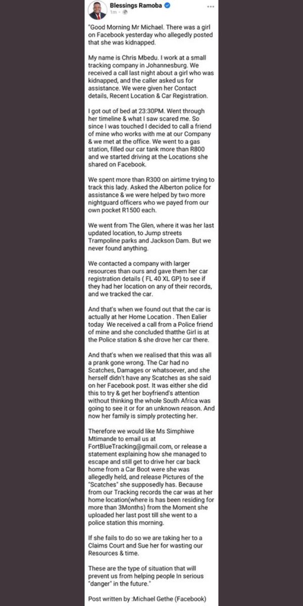 SimmyPhiwe2's tweet photo. @JChiri3 Apparently she faked it all , hence the #ArrestSimphiwe . So heartbreaking because someone will really need help one day and the police will remember this woman🤦🏽‍♀️💔Yoh haiii, I feel bad for the people who couldn't sleep from all the panic and worry. 
#findsimphiwe https://t.co/5cLfQSrLG2